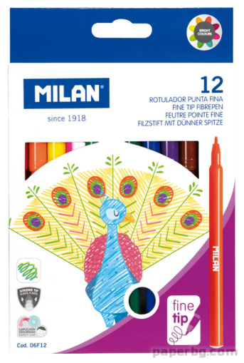 Флумастери MILAN Fine 06F12, с тънък връх - 12 цвята