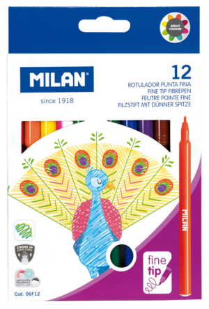 Флумастери MILAN Fine 06F12, с тънък връх - 12 цвята